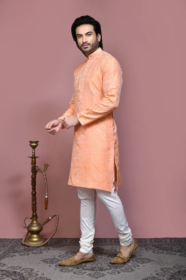 Rust_Silk_Fabric_Resham_Woven_Kurta_Pajama_Set