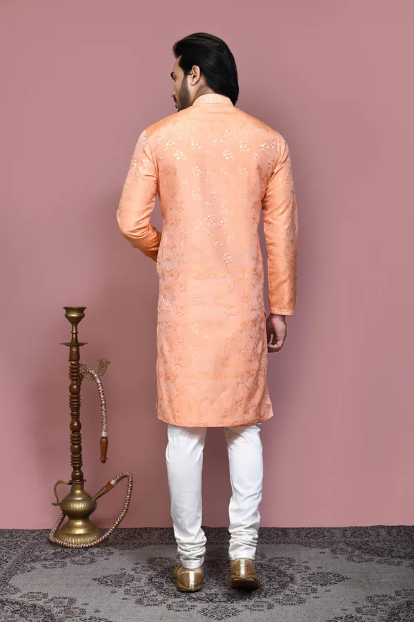 Rust_Silk_Fabric_Resham_Woven_Kurta_Pajama_Set