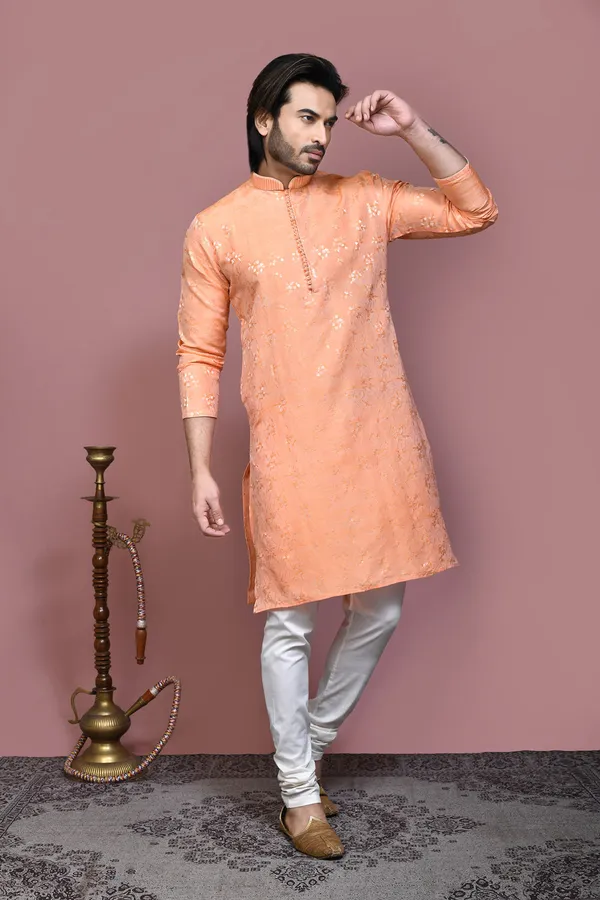 Rust_Silk_Fabric_Resham_Woven_Kurta_Pajama_Set