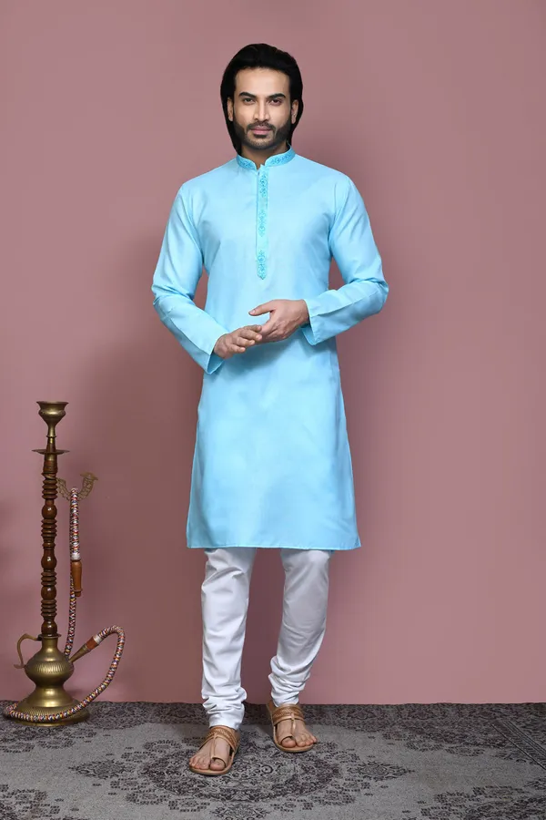 Firoza_Cotton_With_Embroidered_Men's_Kurta_Pajama_Set_By_Ranak