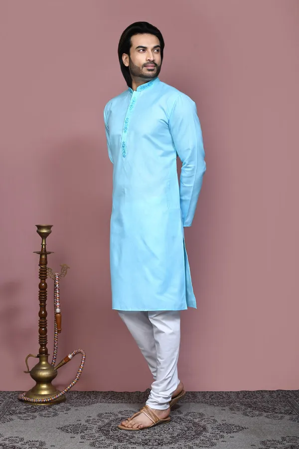 Firoza_Cotton_With_Embroidered_Men's_Kurta_Pajama_Set_By_Ranak