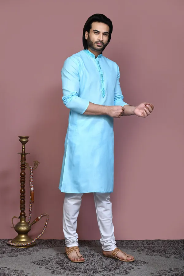 Firoza_Cotton_With_Embroidered_Men's_Kurta_Pajama_Set_By_Ranak