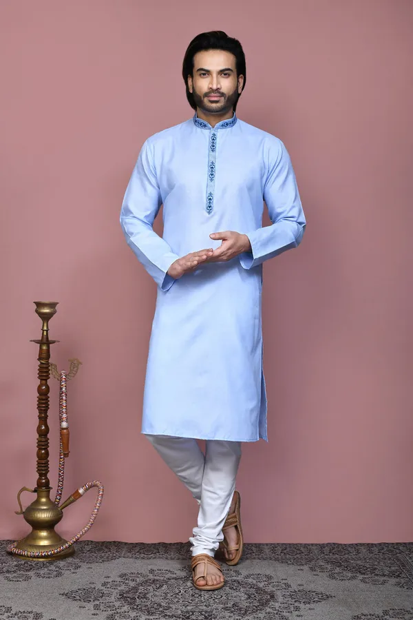 Sky_Blue_Cotton_Fabric_With_Embroidered_Kurta_Pajama_Set
