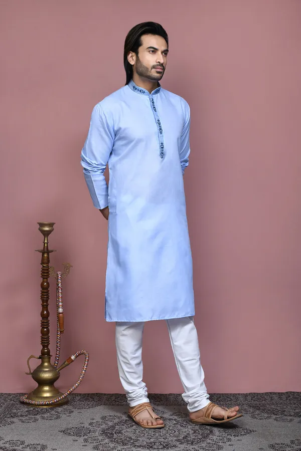 Sky_Blue_Cotton_Fabric_With_Embroidered_Kurta_Pajama_Set