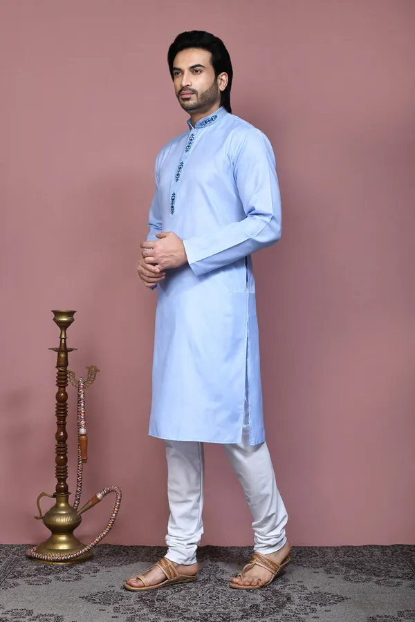 Sky_Blue_Cotton_Fabric_With_Embroidered_Kurta_Pajama_Set