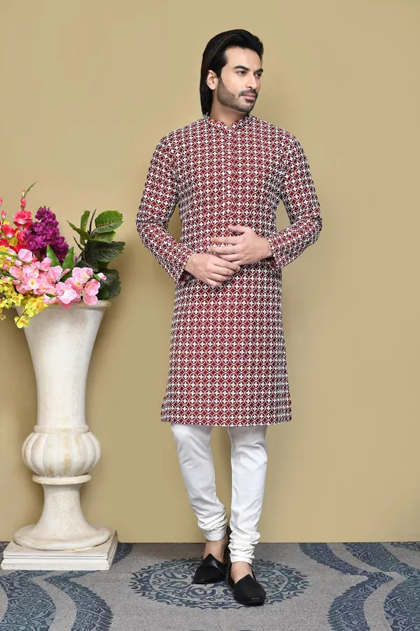 Maroon_Cotton_Fabric_With_Pattern_Work_Kurta_Pajama_Set