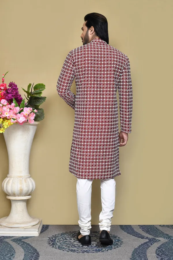 Maroon_Cotton_Fabric_With_Pattern_Work_Kurta_Pajama_Set