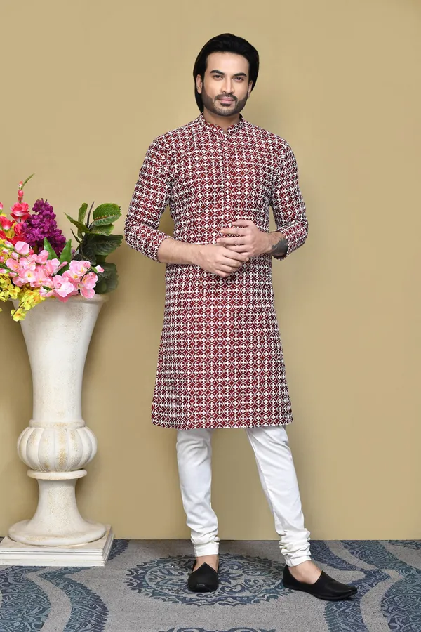 Maroon_Cotton_Fabric_With_Pattern_Work_Kurta_Pajama_Set