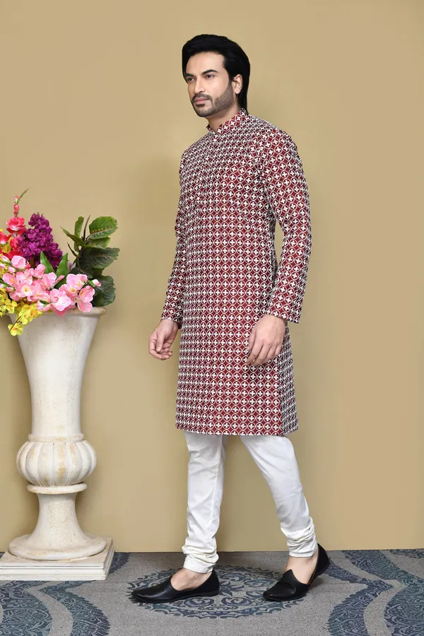 Maroon_Cotton_Fabric_With_Pattern_Work_Kurta_Pajama_Set