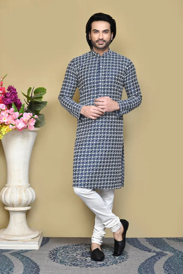 Navy_Blue_Cotton_Fabric_With_Pattern_Work_Kurta_Pajama_Set