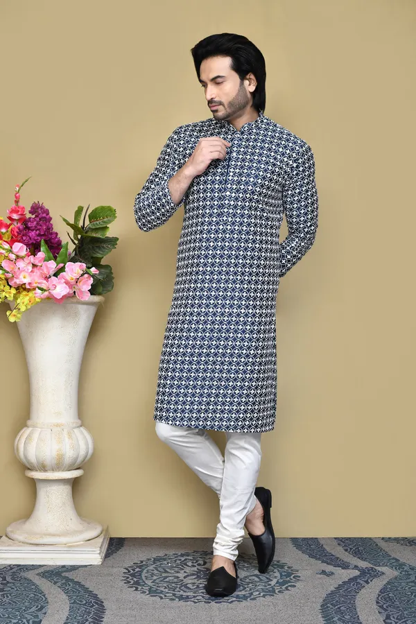 Navy_Blue_Cotton_Fabric_With_Pattern_Work_Kurta_Pajama_Set