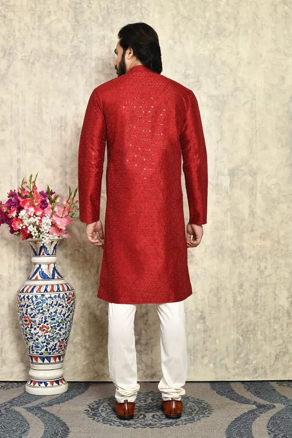 Maroon_Silk_Fabric_With_Plain_Style_Kurta_Pajama_Set