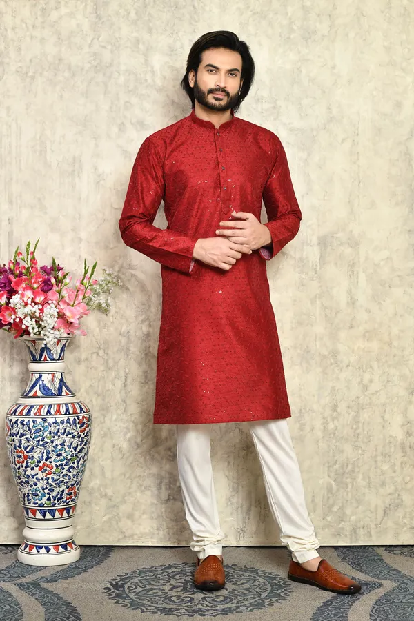 Maroon_Silk_Fabric_With_Plain_Style_Kurta_Pajama_Set