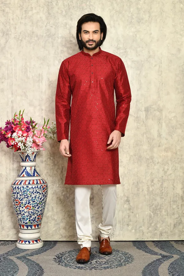 Maroon_Silk_Fabric_With_Plain_Style_Kurta_Pajama_Set