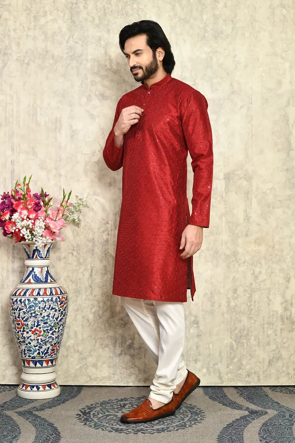 Maroon_Silk_Fabric_With_Plain_Style_Kurta_Pajama_Set