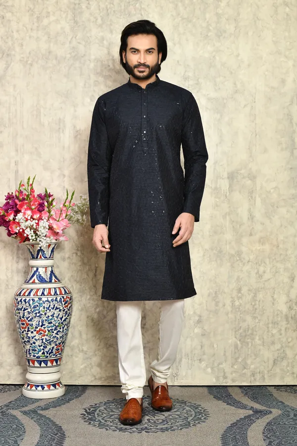 Black_Art_Silk_Fabric_With_Plain_Style_Kurta_Pajama_Set