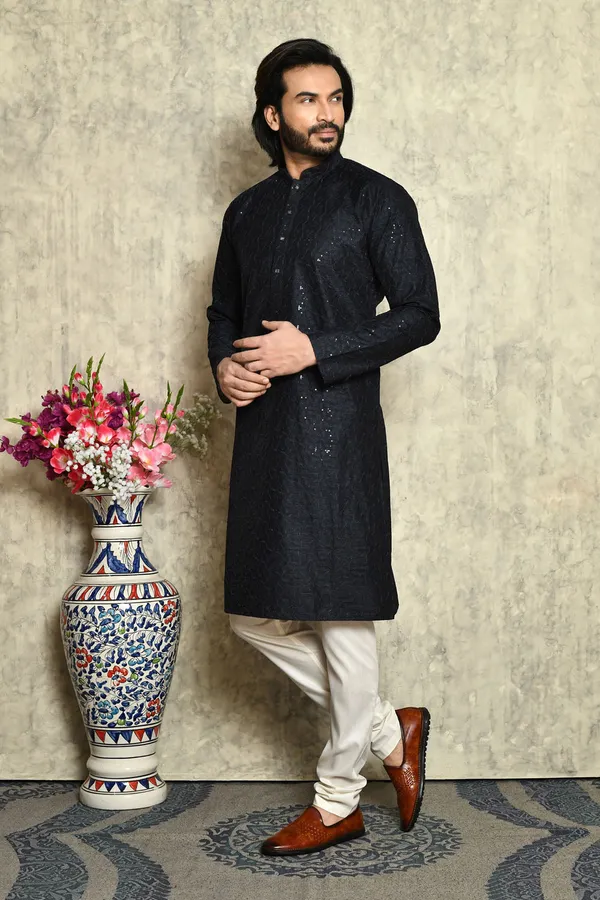 Black_Art_Silk_Fabric_With_Plain_Style_Kurta_Pajama_Set