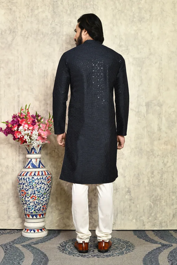 Black_Art_Silk_Fabric_With_Plain_Style_Kurta_Pajama_Set
