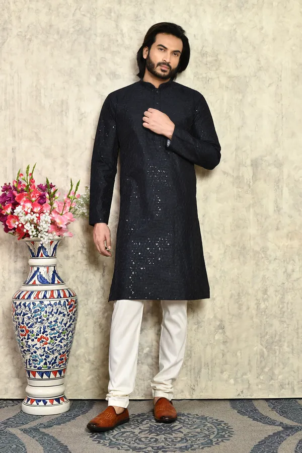 Black_Art_Silk_Fabric_With_Plain_Style_Kurta_Pajama_Set
