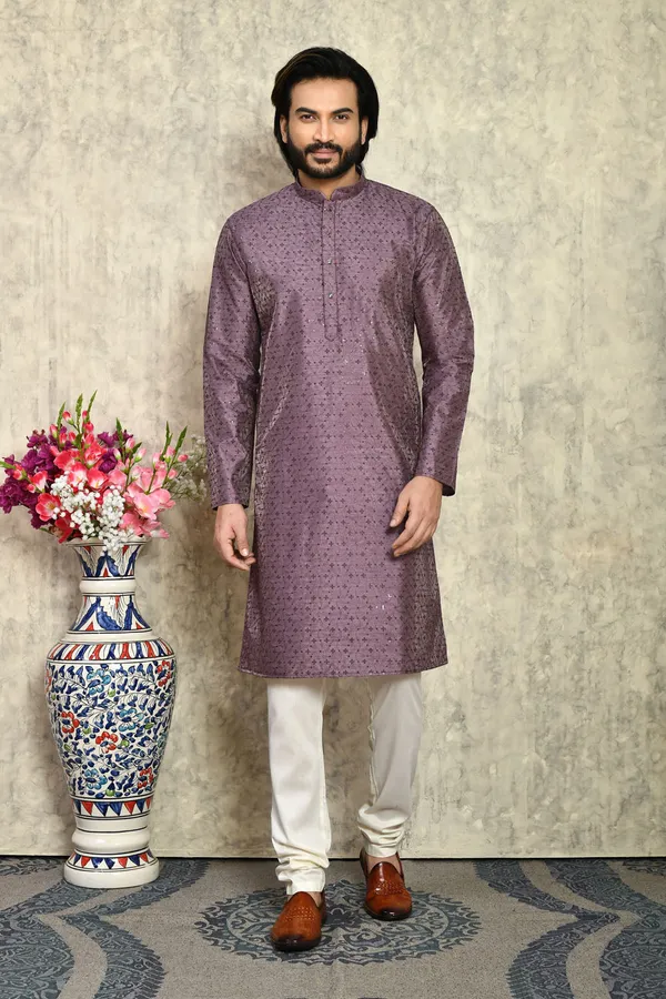 Purple_Silk_With_Plain_Style_Men's_Kurta_Pajama_Set_By_Ranak