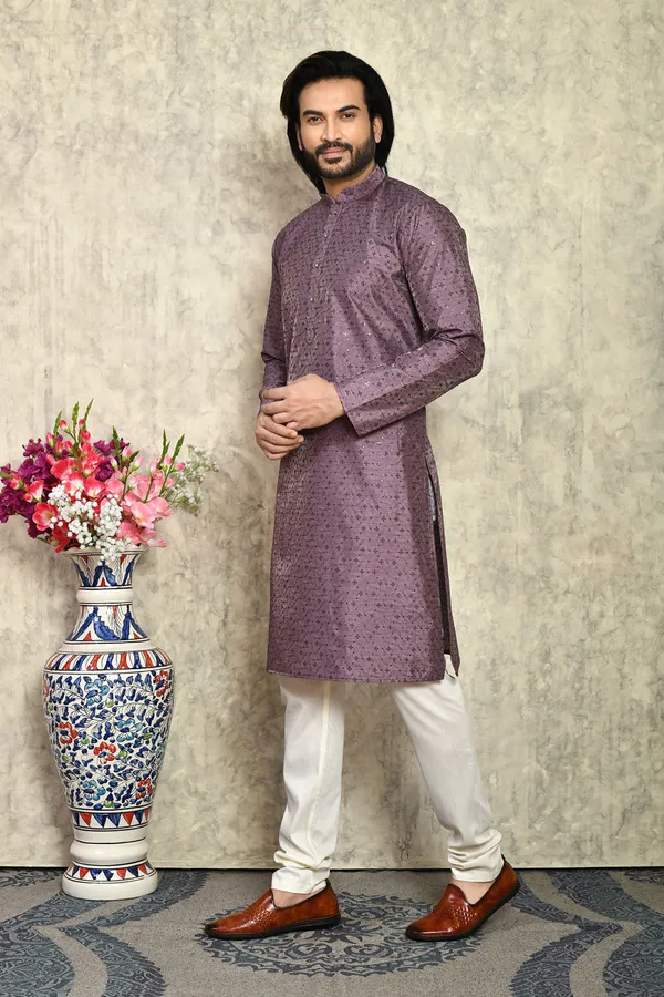Purple_Silk_With_Plain_Style_Men's_Kurta_Pajama_Set_By_Ranak