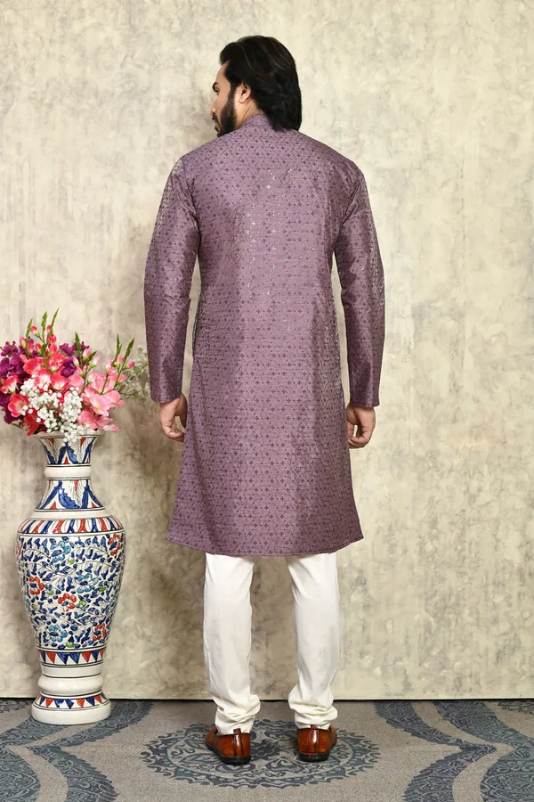 Purple_Silk_With_Plain_Style_Men's_Kurta_Pajama_Set_By_Ranak