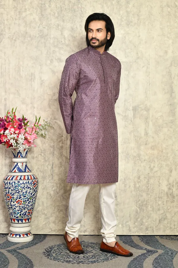 Purple_Silk_With_Plain_Style_Men's_Kurta_Pajama_Set_By_Ranak