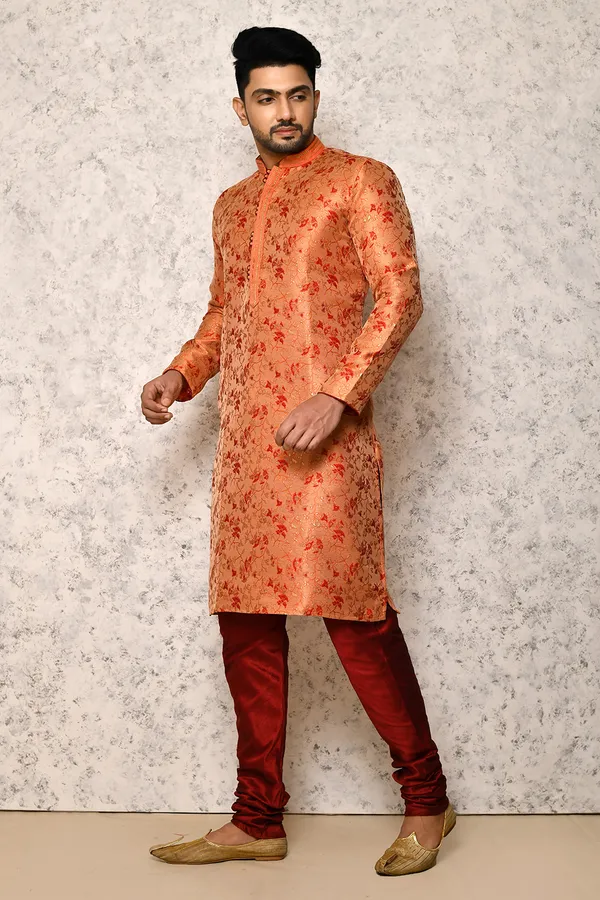 Orange_Art_Silk_Men's_Kurta_Pajama_Set_By_Ranak