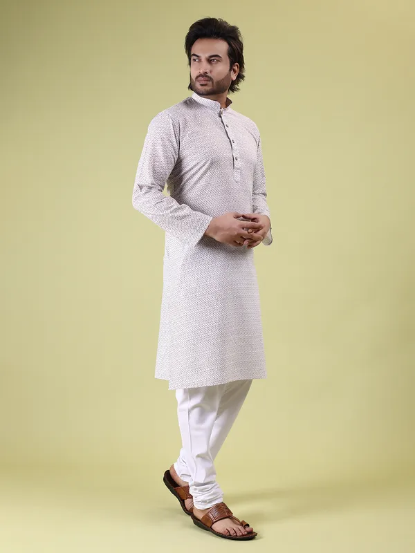White_Cotton_with_Beige_Floral_Print_Kurta
