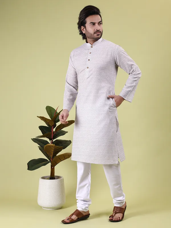 White_Cotton_with_Beige_Floral_Print_Kurta
