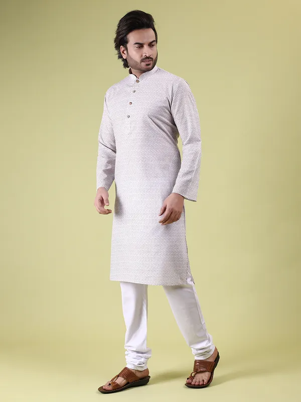 White_Cotton_with_Beige_Floral_Print_Kurta