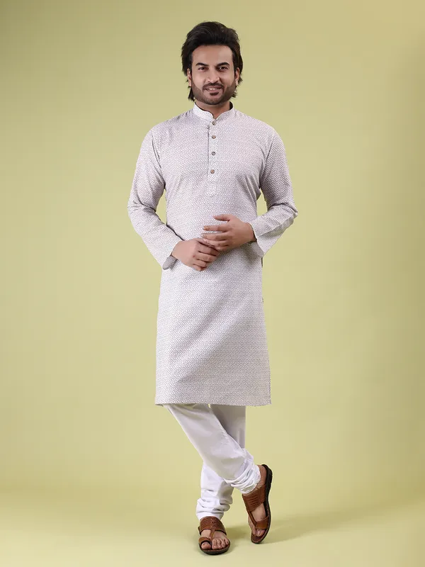 White_Cotton_with_Beige_Floral_Print_Kurta