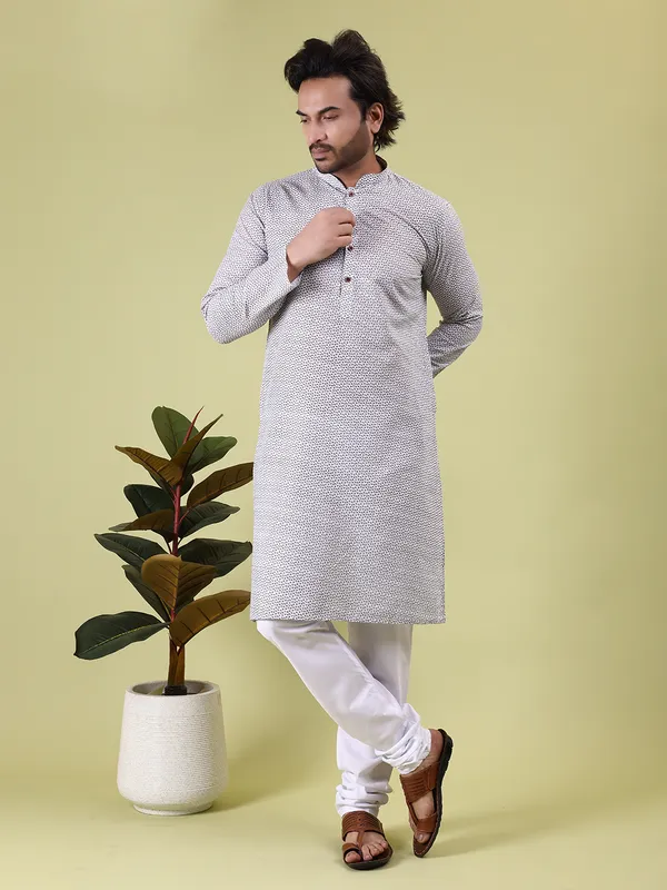 White_Cotton_with_Green_Floral_Print_Kurta