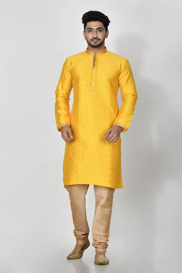 Yellow_Silk_Resham_Embroidery_Men's_Kurta_Pajama_Set_By_Ranak