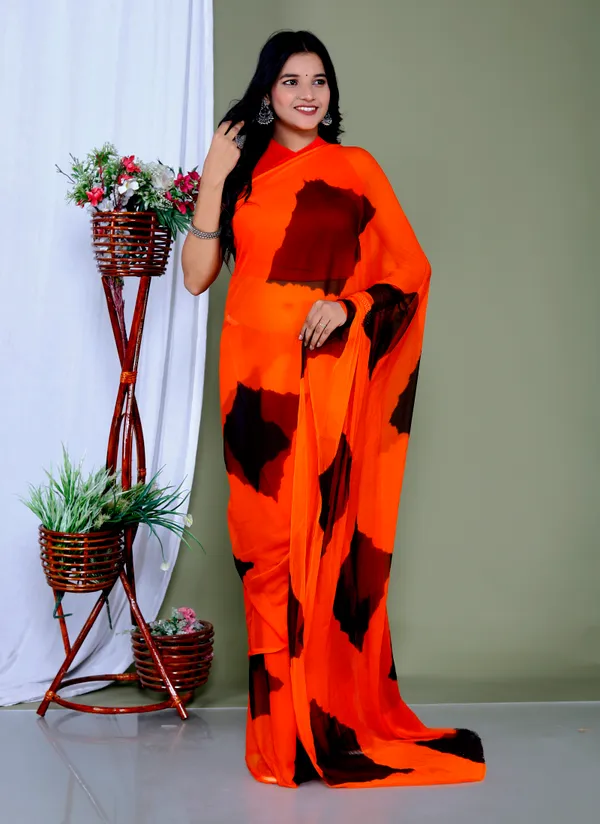 Black_&_Orange_Pure_Chiffon_Hand_Printed_Saree_|_With_Unstitched_Blouse_Piece