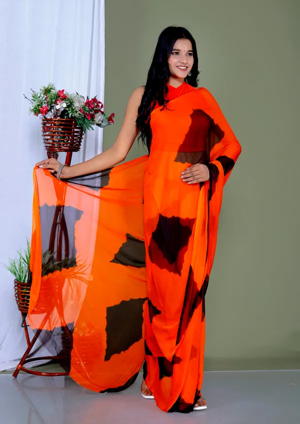 Black_&_Orange_Pure_Chiffon_Hand_Printed_Saree_|_With_Unstitched_Blouse_Piece