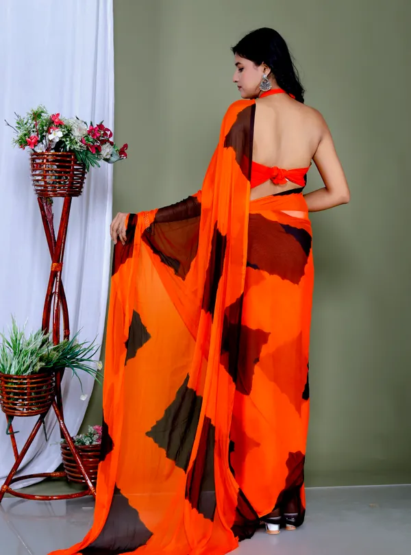 Black_&_Orange_Pure_Chiffon_Hand_Printed_Saree_|_With_Unstitched_Blouse_Piece