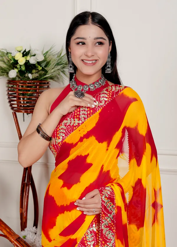 Orange_Pure_Chiffon_Hand_Printed_Saree_|_With_Unstitched_Blouse_Piece