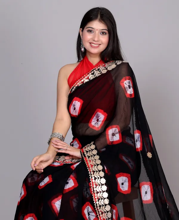 Black_Pure_Chiffon_Gotta_Patti_Bandhnai_Saree_|_With_Unstitched_Blouse_Piece