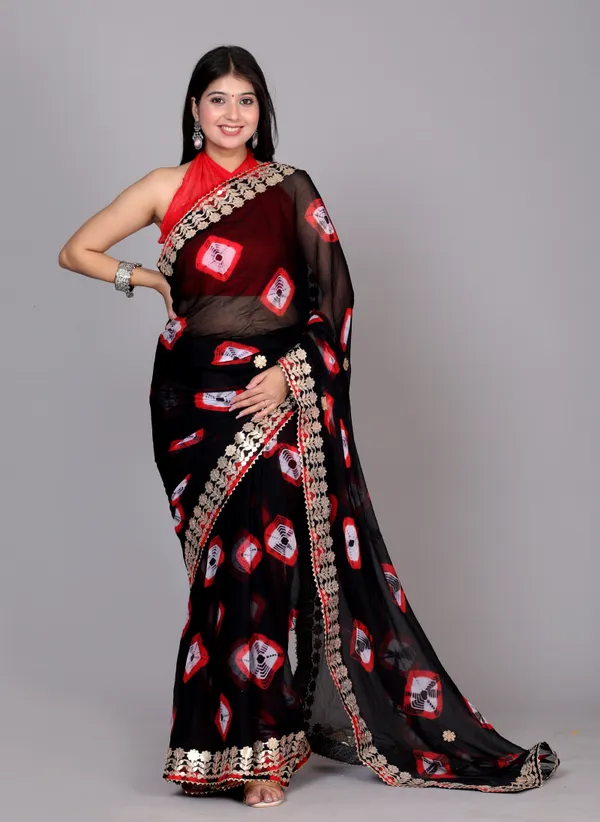 Black_Pure_Chiffon_Gotta_Patti_Bandhnai_Saree_|_With_Unstitched_Blouse_Piece