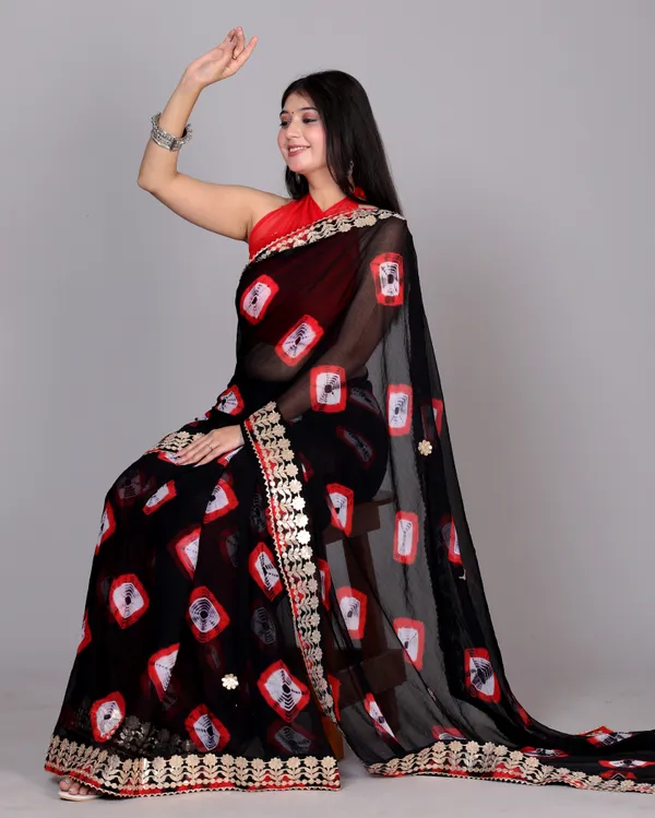 Black_Pure_Chiffon_Gotta_Patti_Bandhnai_Saree_|_With_Unstitched_Blouse_Piece