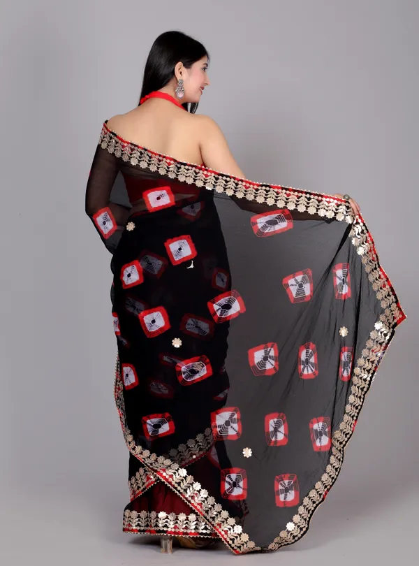 Black_Pure_Chiffon_Gotta_Patti_Bandhnai_Saree_|_With_Unstitched_Blouse_Piece