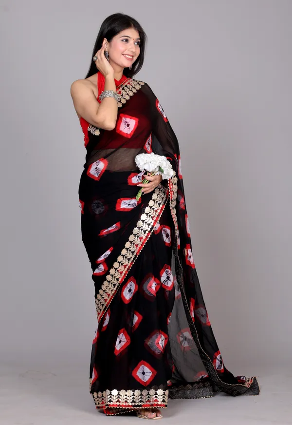 Black_Pure_Chiffon_Gotta_Patti_Bandhnai_Saree_|_With_Unstitched_Blouse_Piece