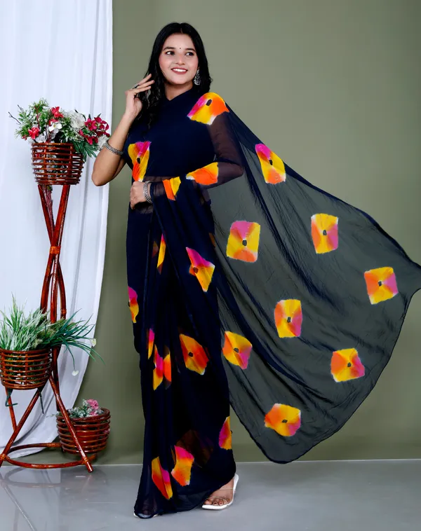 Navy_Blue_Pure_Chiffon_Hand_Printed_Saree_|_With_Unstitched_Blouse_Piece