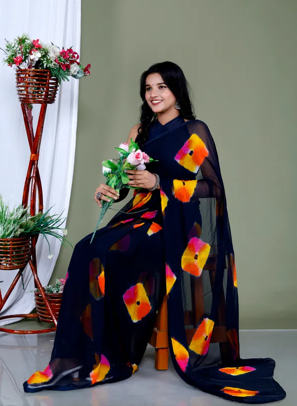 Navy_Blue_Pure_Chiffon_Hand_Printed_Saree_|_With_Unstitched_Blouse_Piece