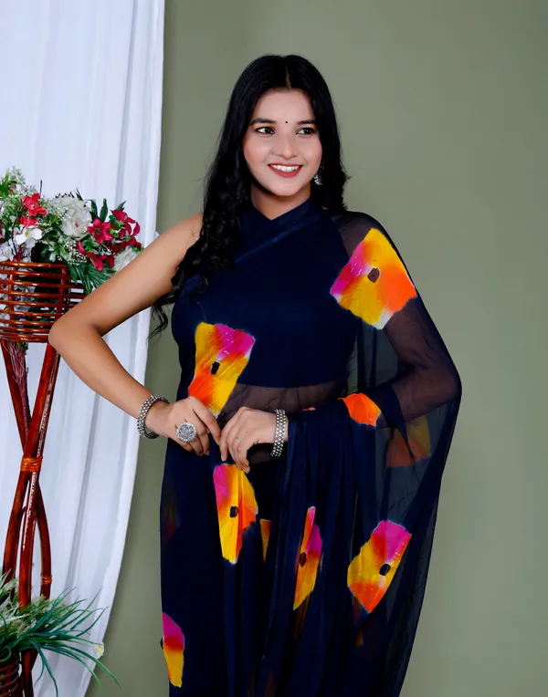 Navy_Blue_Pure_Chiffon_Hand_Printed_Saree_|_With_Unstitched_Blouse_Piece