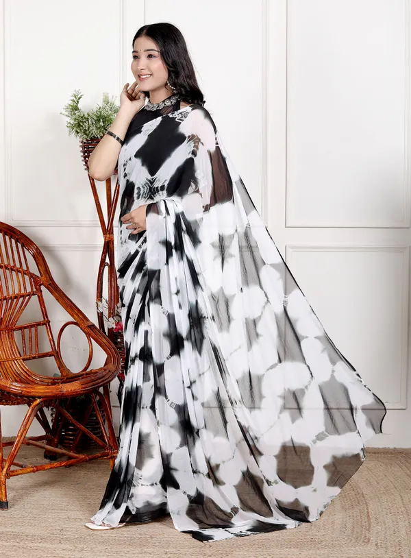 White_&_Black_Pure_Chiffon_Bollywood_Saree_|_With_Unstitched_Blouse_Piece