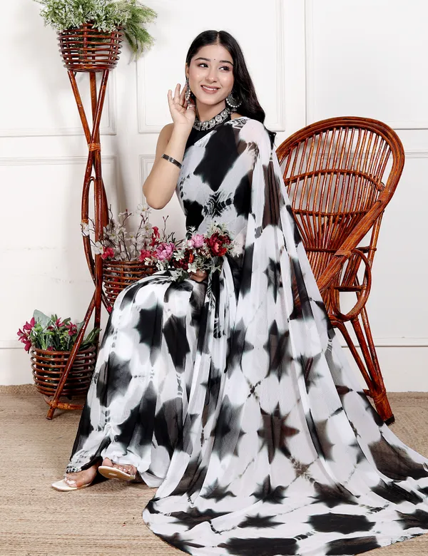 White_&_Black_Pure_Chiffon_Bollywood_Saree_|_With_Unstitched_Blouse_Piece