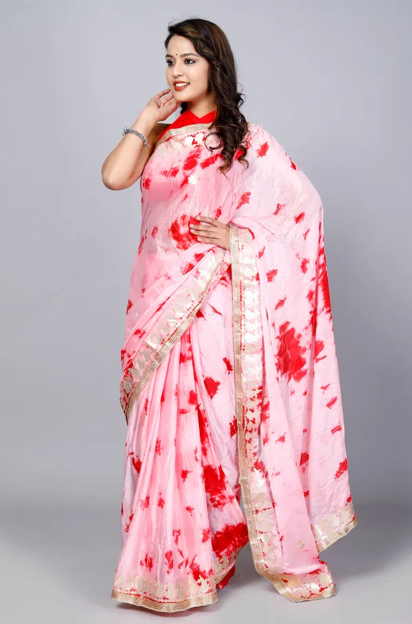 White_&_Red_Pure_Chiffon_Hand_Printed_Saree_|_With_Unstitched_Blouse_Piece