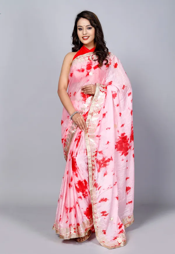 White_&_Red_Pure_Chiffon_Hand_Printed_Saree_|_With_Unstitched_Blouse_Piece